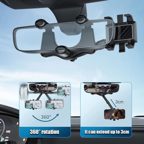Universal 360 Degree Rotatable & Retractable Car Rearview Mirror Mount Stretch Rod Car Phone Holder for iPhone Samsung Phones