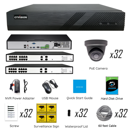 CTVISION 4K Wired Audio Security Camera System, 32 Camera Surveillance Kit Outdoor DIY Audio 8TB HDD Included for Home Business Security Camera System