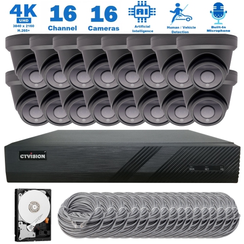 CTVISION  4K Wired Audio Security Camera System, 16 Camera Surveillance Kit Outdoor Diy Audio 4Tb HDD Included for Home Business Security Camera