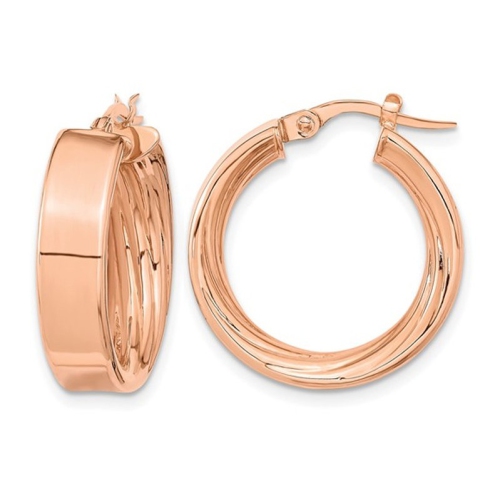 GEM AND HARMONY  14K Rose Gold Polished And Textured Hoop Earrings (5.5MM Thick) In Pink