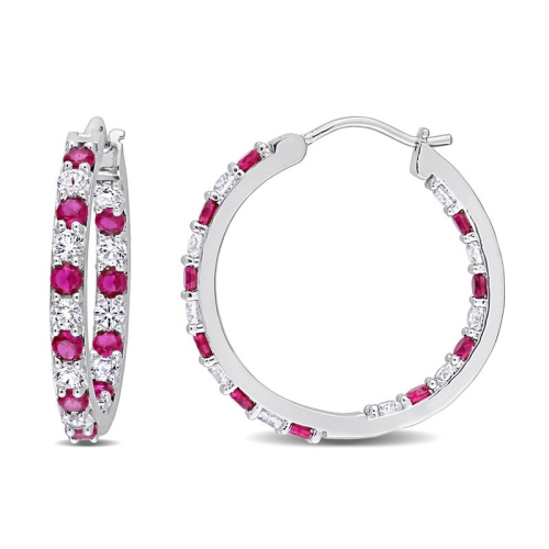 GEM AND HARMONY  3.60 Carat (Ctw) Lab-Created Ruby Hoop Earrings In Sterling Silver With Created Sapphires In White