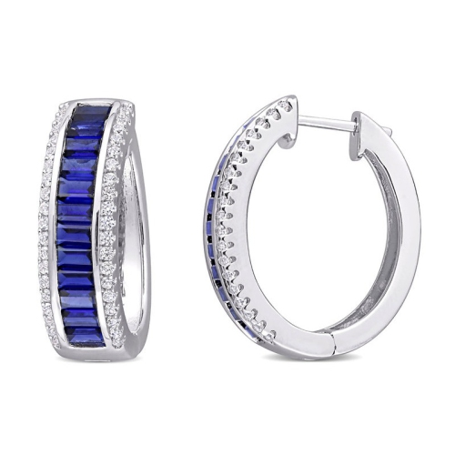 Image 1 of 4.. 5.05 Carat Lab-Created Blue Sapphire Hoop Earrings in Sterling Silver with Created White Sapphires