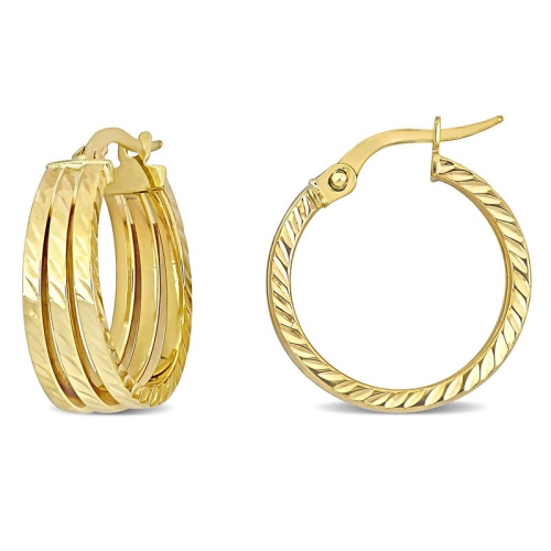 14K Yellow Gold Triple Row Textured Hoop Earrings