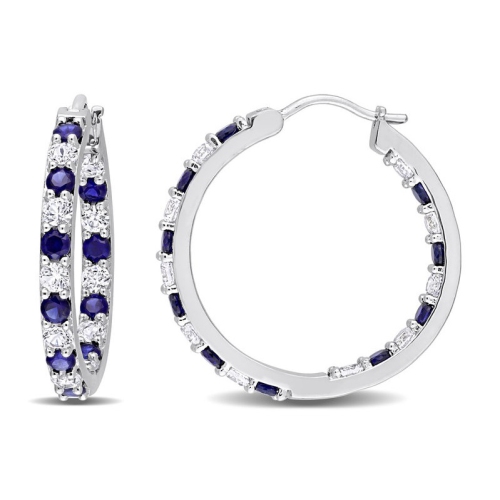 3,60 Carat Boucles d'oreilles en saphir bleu cr????es en laboratoire en argent sterling avec des saphirs blancs cr????s