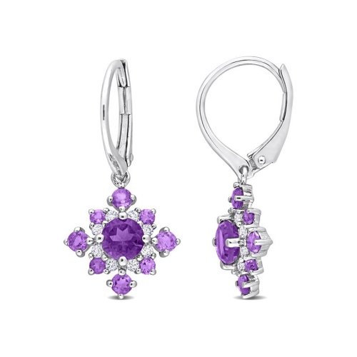 2.05 Carat African Amethyst & White Topaz Cluster Dangle Earrings in Sterling Silver