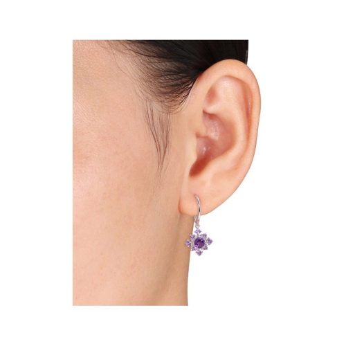2.05 Carat African Amethyst & White Topaz Cluster Dangle Earrings in Sterling Silver