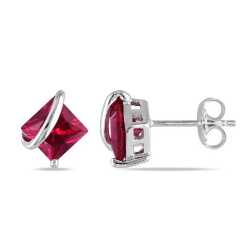 GEM AND HARMONY  2.30 Carat (Ctw) Princess Cut Lab-Created Ruby Earrings In Sterling In Silver