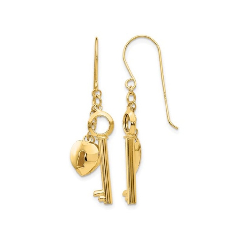 Image 1 of 4.. 14K Yellow Gold Puff Heart Lock and Key Dangle Earrings