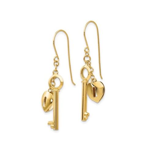 14K Yellow Gold Puff Heart Lock and Key Dangle Earrings