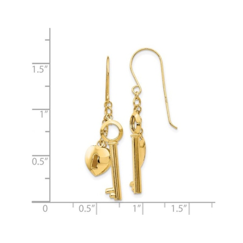 14K Yellow Gold Puff Heart Lock and Key Dangle Earrings