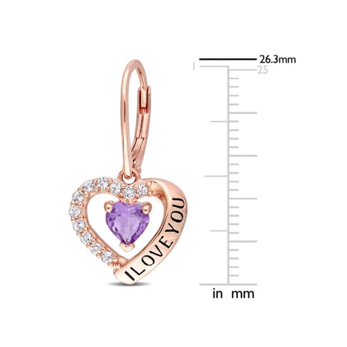 1.46 Carat Amethyst & White Topaz - I Love You - Heart Earrings in Rose Plated Silver
