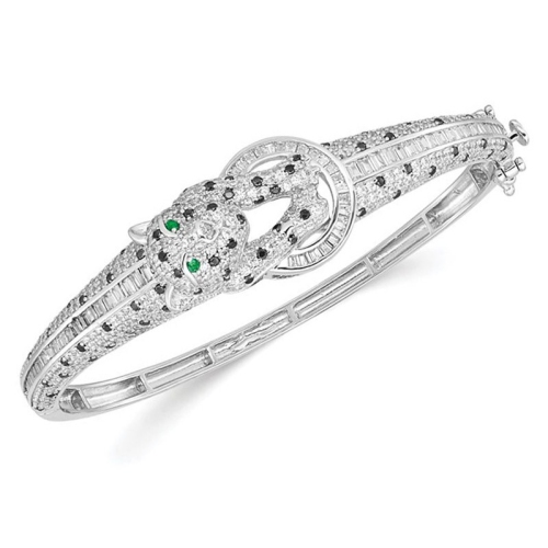 Cheetah Hinged Bangle Bracelet in Sterling Silver with Cubic Zirconias