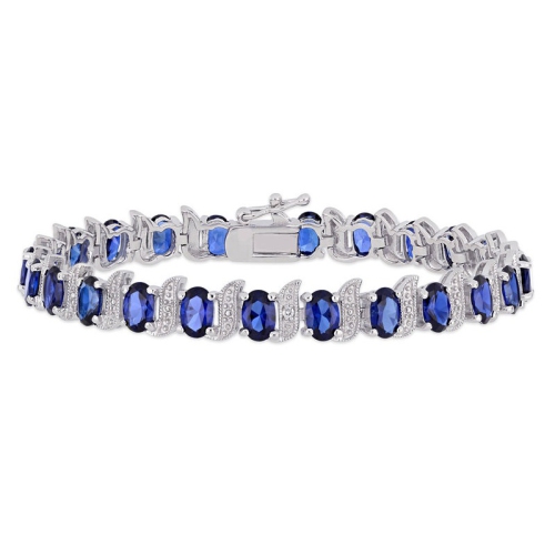 GEM AND HARMONY  13 Carat (Ctw) Lab-Created Sapphire Bracelet In Sterling Silver With Accent Diamonds (7 Inches) In Blue