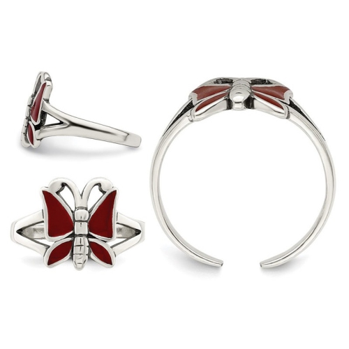 Sterling Silver Polished Butterfly with Red Enamel Toe Ring