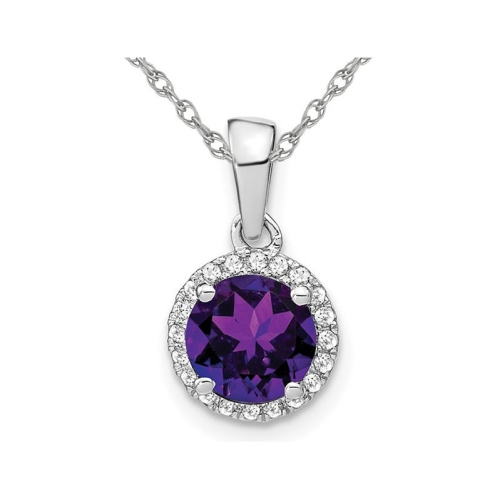 1.50 Carat Amethyst Halo Pendant Necklace in 14K White Gold With Diamonds and Chain