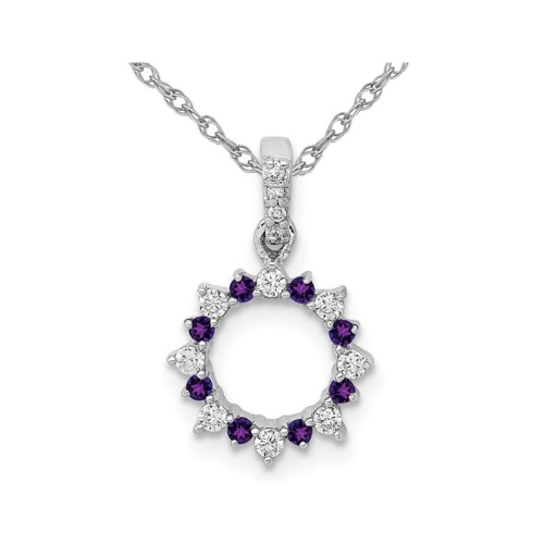 Image 1 de 4.. 1/12 carat Collier pendentif en cercle d'améthyste en or blanc 14 carats avec diamants