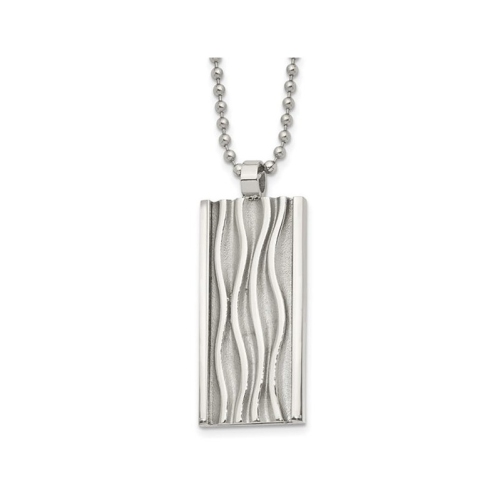 Mens Stainless Steel Waves Dogtag Pendant Necklace with Chain