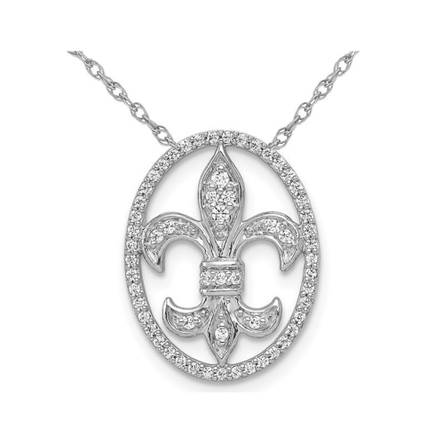 1/5 carat Diamond Fleur de Lis Collier pendentif ovale en or blanc 14 carats avec chaîne