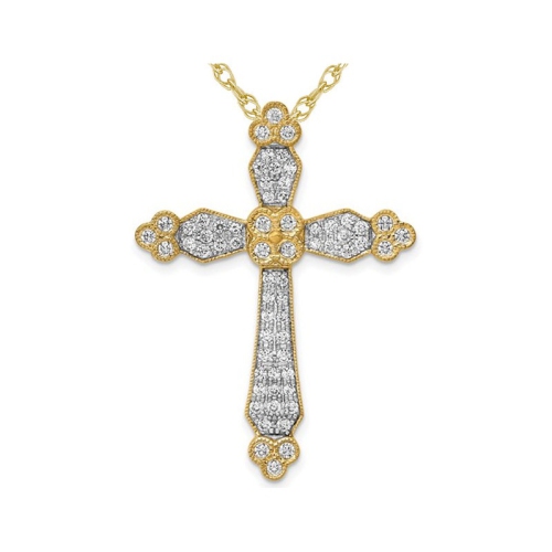 3/4 Carat Diamond Budded Cross Pendant Necklace in 14K Yellow Gold with Chain