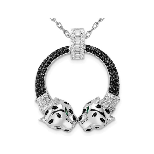 GEM AND HARMONY  Sterling Double Cheetah Head Pendant Necklace With Cubic Zirconia (Cz)S With Chain In Silver
