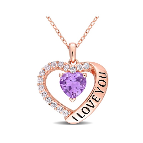 GEM AND HARMONY  1.65 Carat (Ctw) Amethyst & Topaz - I Love You - Heart Pendant Necklace In Rose Plated Sterling Silver With Chain In White