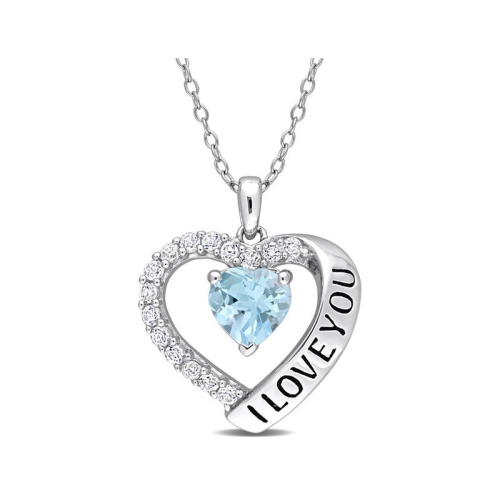 GEM AND HARMONY  1.65 Carat (Ctw) Topaz & White Topaz - I Love You - Heart Pendant Necklace In Sterling Silver With Chain In Blue