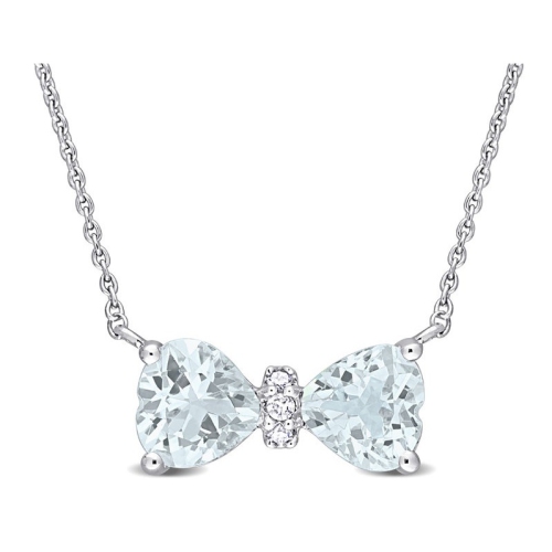 GEM AND HARMONY  7/10 Carat (Ctw) Aquamarine Heart Bow Pendant Necklace In 10K Gold With Chain In White