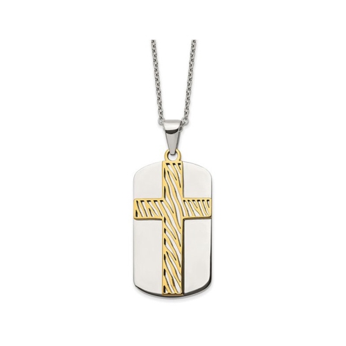 Mens Yellow Plated Stainless Steel Cross Dogtag Pendant Necklace with Chain
