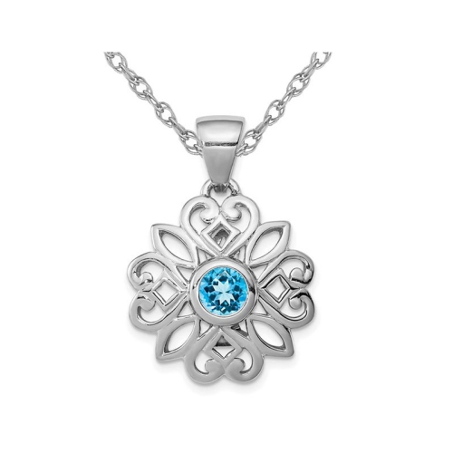 GEM AND HARMONY  1/5 Carat (Ctw) Topaz Flower Pendant Necklace In Sterling Silver With Chain In Blue
