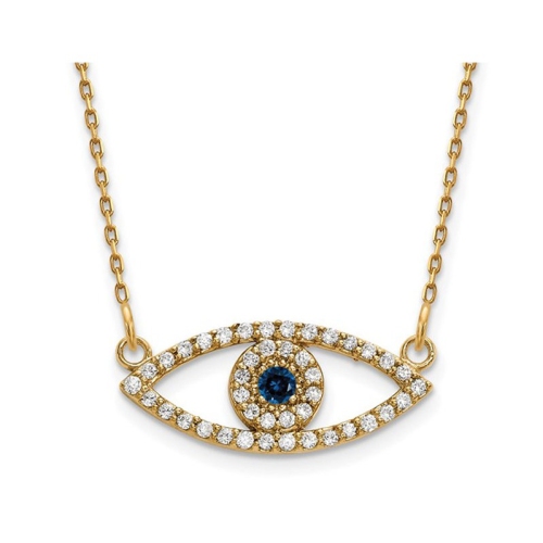 Collier à pendentif mauvais oeil saphir bleu 1/20&nbsp;carat en or jaune 14K ct avec diamants et chaîne