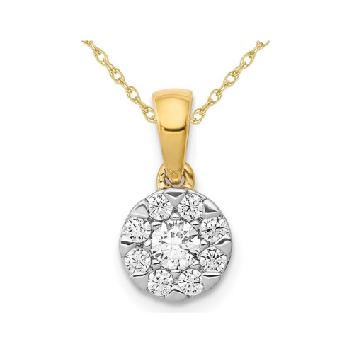 1/3 Carat Diamond Halo Cluster Pendant Necklace in 14K Yellow Gold with Chain