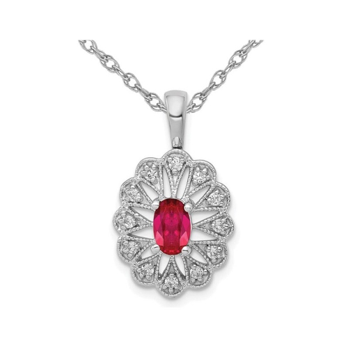 7/10 Carat Collier pendentif ruby ​​en or blanc 14 carats avec diamants et chaîne