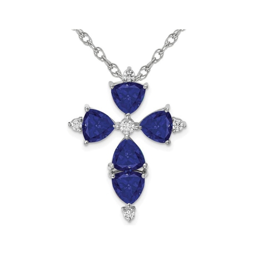 6.50 Carat Lab-Created Blue Sapphire Cross Pendant Necklace in 14K White Gold with Lab-Grown Diamonds