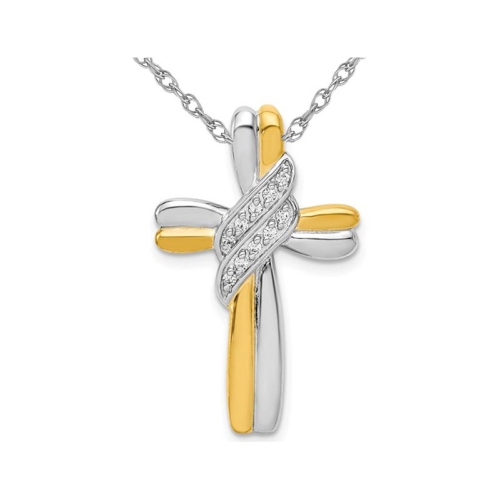 14K White and Yellow Gold Cross Pendant Necklace with Chain and Accent  Diamonds