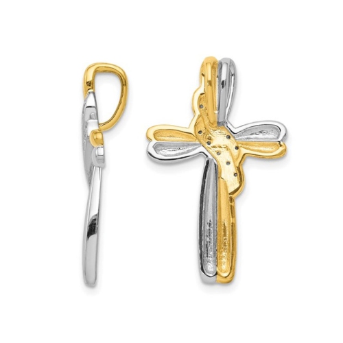 14K White and Yellow Gold Cross Pendant Necklace with Chain and Accent Diamonds