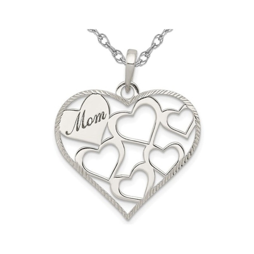 Sterling Silver MOM Engraved Heart Pendant with Chain