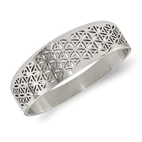 Stainless Steel Polished Flower Cut-out Hinged Bangle Bracelet