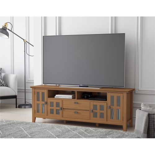 Simpli Home Artisan Wood 72" Transitional TV Media Stand in Honey Brown For TVs up to 80"