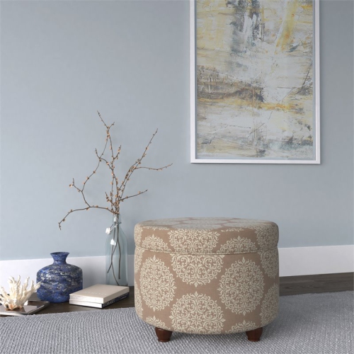 HomePop Round Transitional Fabric Storage Ottoman in Cream/Brown