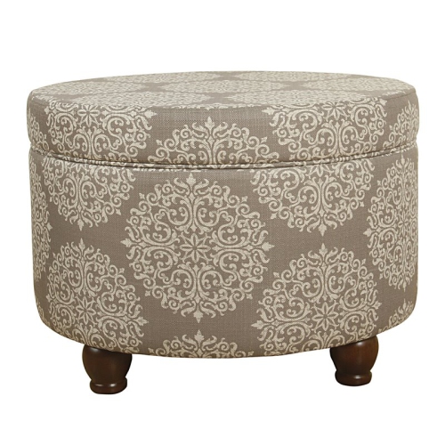 HomePop Round Transitional Fabric Storage Ottoman in Cream/Brown
