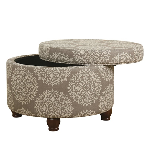 HomePop Round Transitional Fabric Storage Ottoman in Cream/Brown