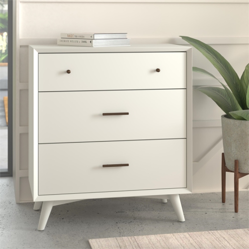 Alpine Furniture Flynn Mid Century Modern Wood 3 Drawer Small Chest in White