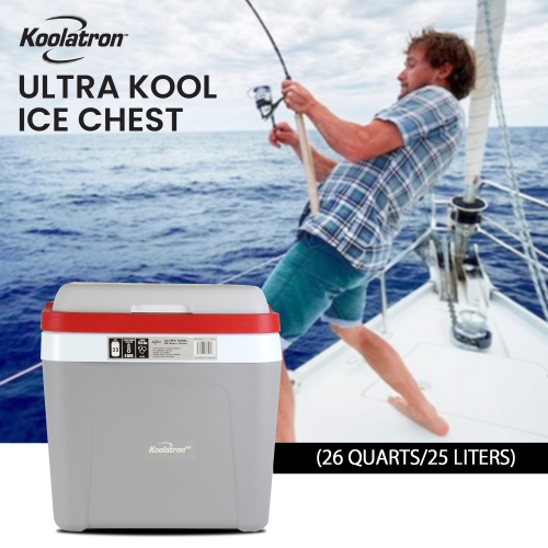 Koolatron Ice Chest Cooler w/ Locking Carry Handle, 25L, 32 Can Capacity Portable Picnic Cooler, Gray and Red, For Snacks, Lunch, Day Trips, Camping,