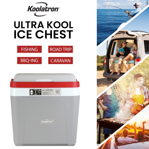 Koolatron Ice Chest Cooler w/ Locking Carry Handle, 25L, 32 Can Capacity Portable Picnic Cooler, Gray and Red, For Snacks, Lunch, Day Trips, Camping,