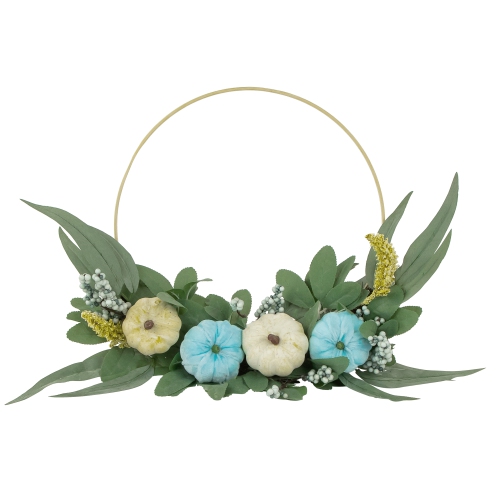 NORTHLIGHT  Pumpkins And Foliage Fall Harvest Artificial Half Wreath, 20-Inch In Blue