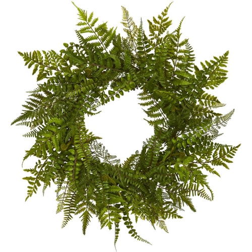 NEARLY NATURAL  24" Mixed Fern Artificial Wreath With Dense Look In In Green