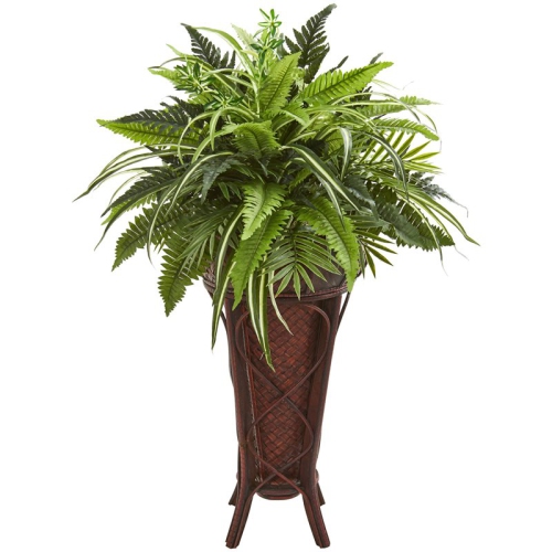 NEARLY NATURAL  32" Mixed Greens And Fern Artificial Plant In Decorative Stand In Green/brown