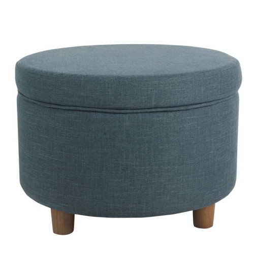 HomePop Round Transitional Wood and Fabric Storage Ottoman in Teal Blue