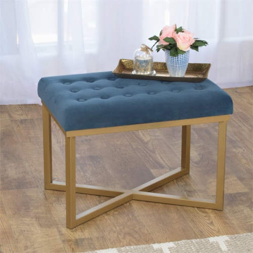HomePop Modern Style Metal Bench with Velvet Seat in Dark Blue Finish