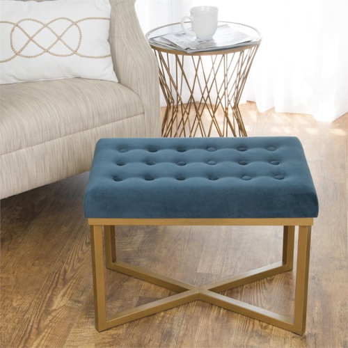HomePop Modern Style Metal Bench with Velvet Seat in Dark Blue Finish